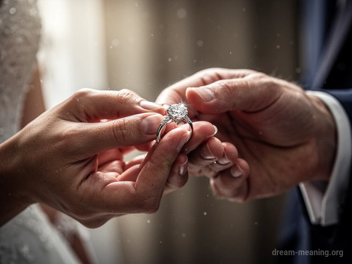 A hand extends a diamond ring to another hand.