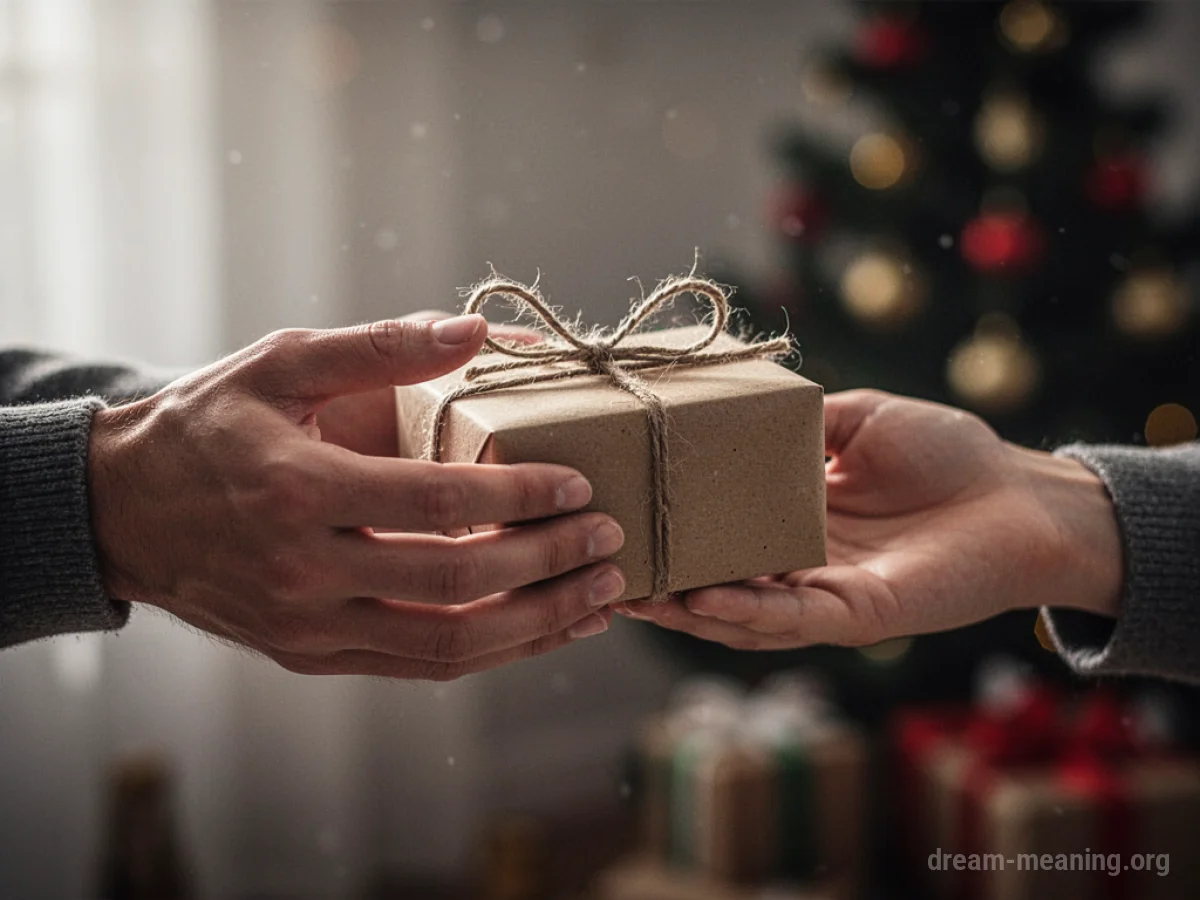 A person's hand extending a gift towards another person's outstretched hand.