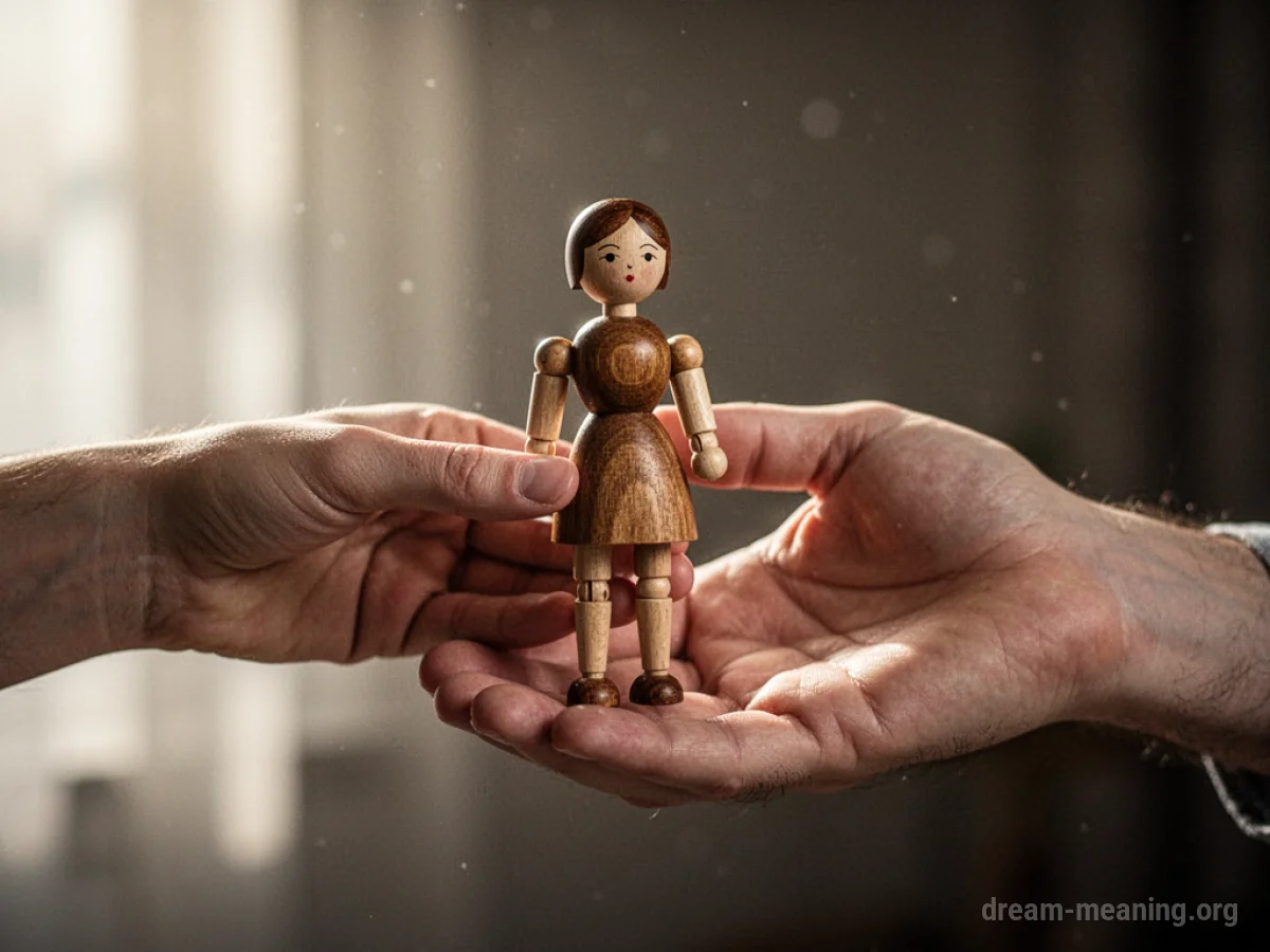 A hand extends a wooden doll towards another hand.