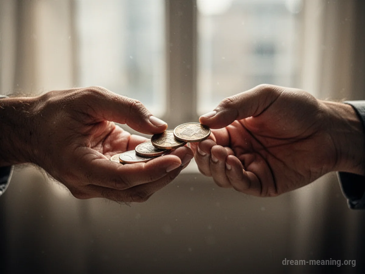 A close-up of one person's hand placing coins into another person's open palm.