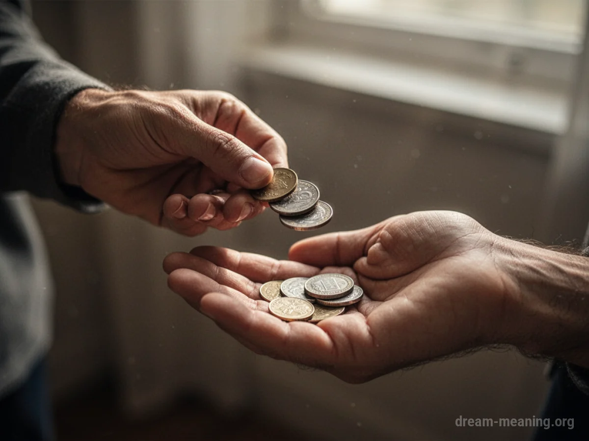 A close-up view of one hand offering coins to another outstretched hand.