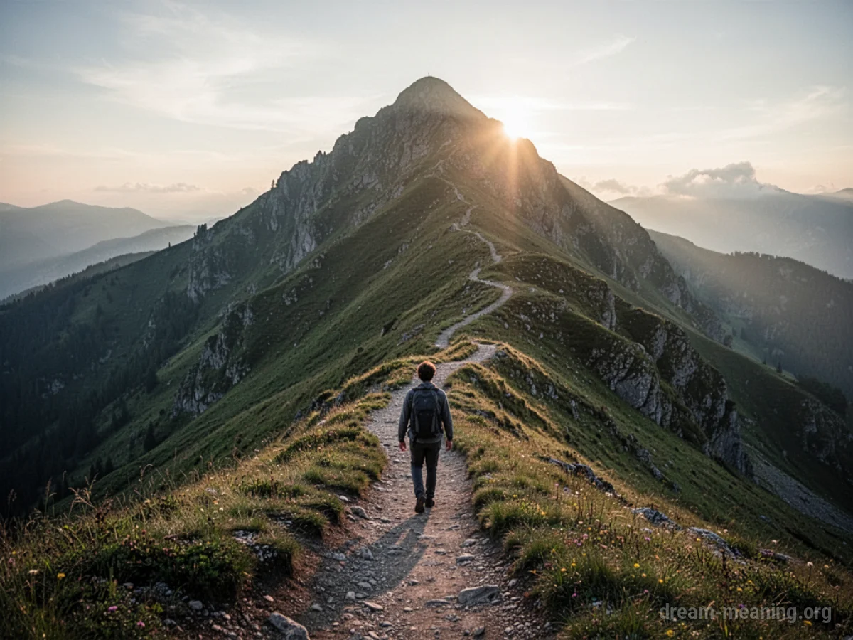 A person walks up a winding dirt path towards a mountain summit.