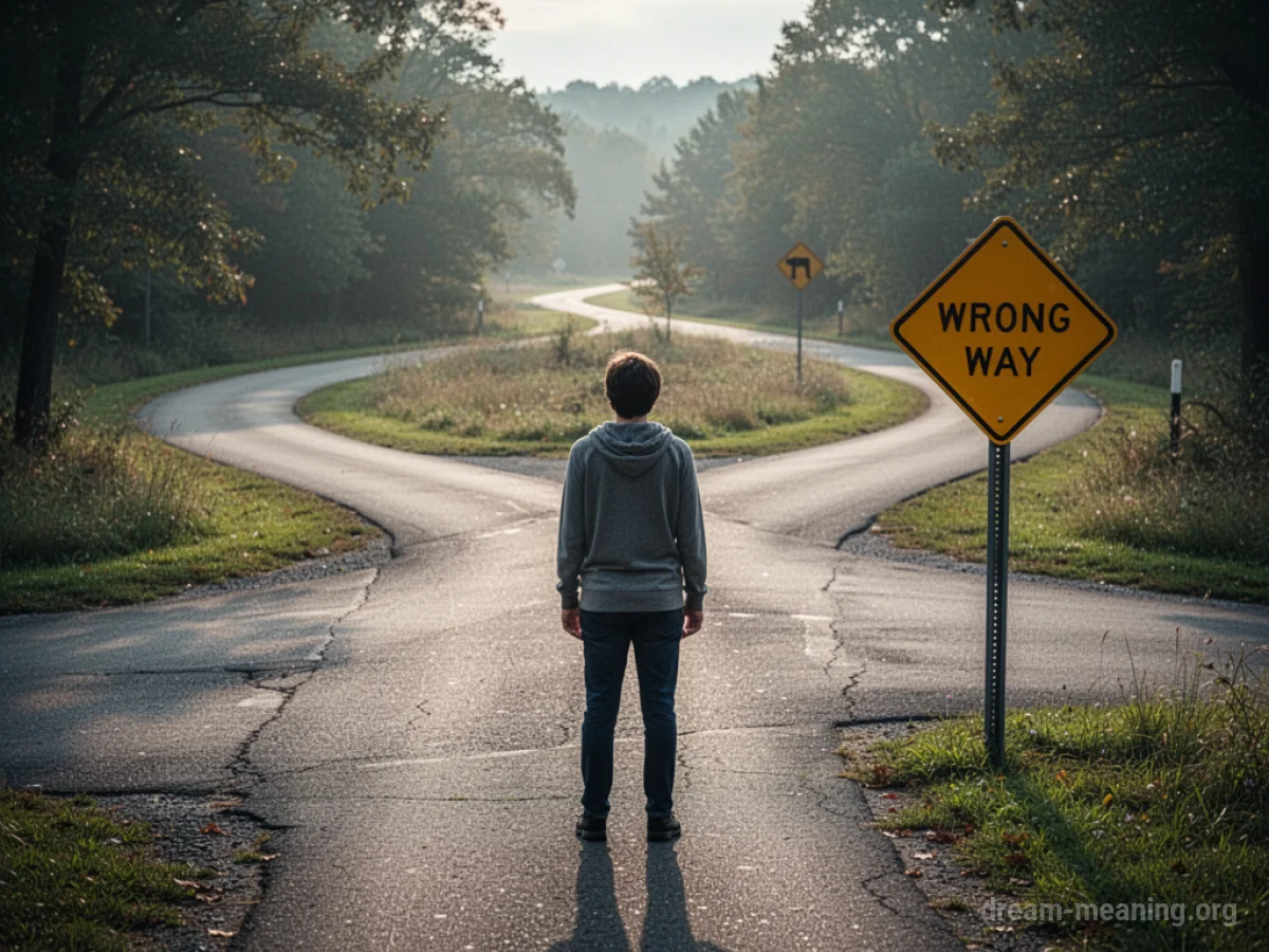 A person at a crossroads with a sign indicating the wrong way.