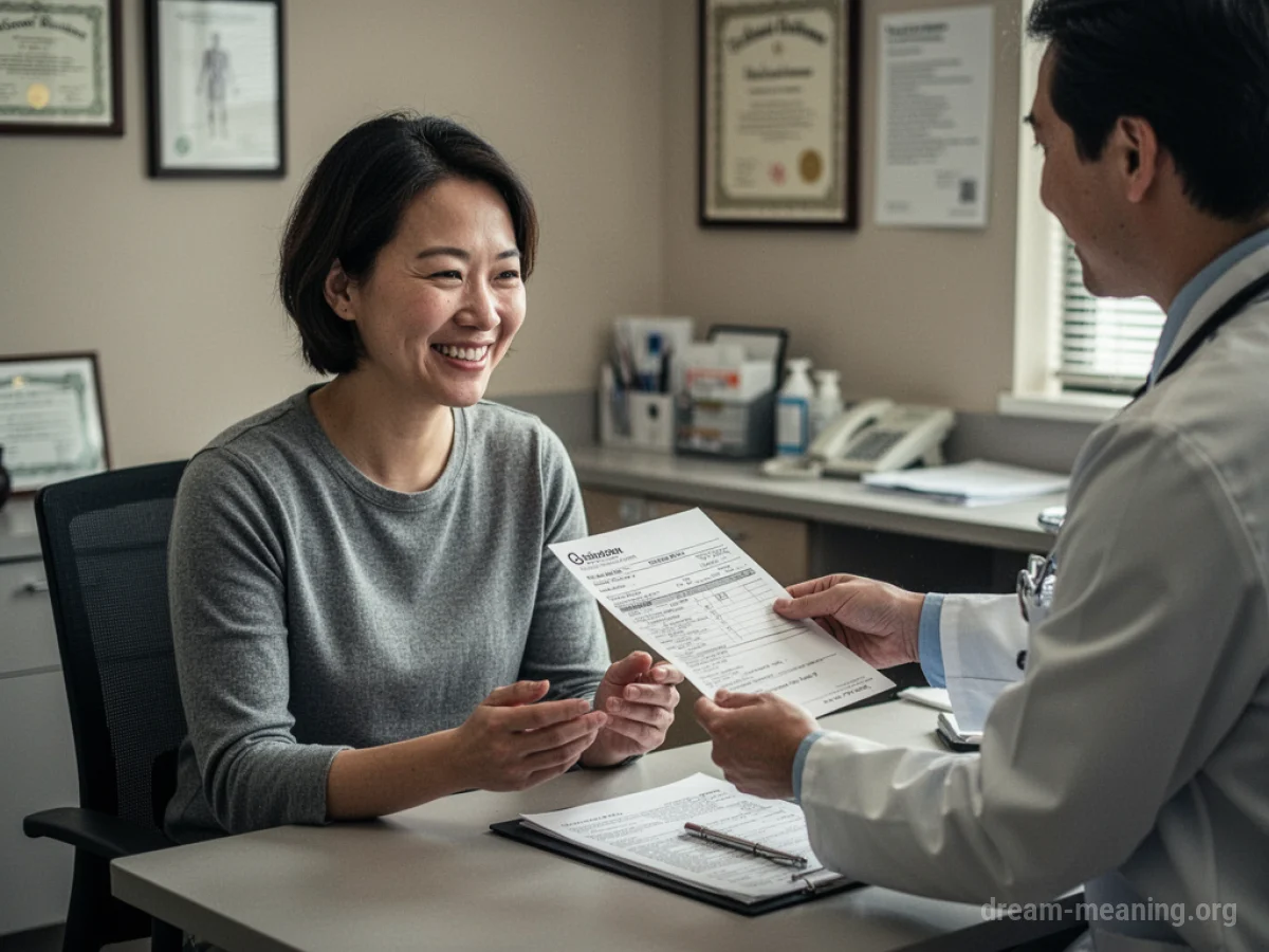 Person receiving positive document from a doctor in an office.