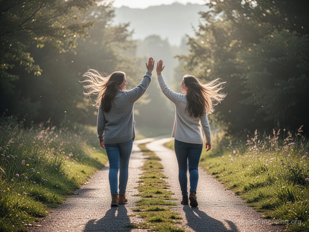 Two people waving goodbye on a path.