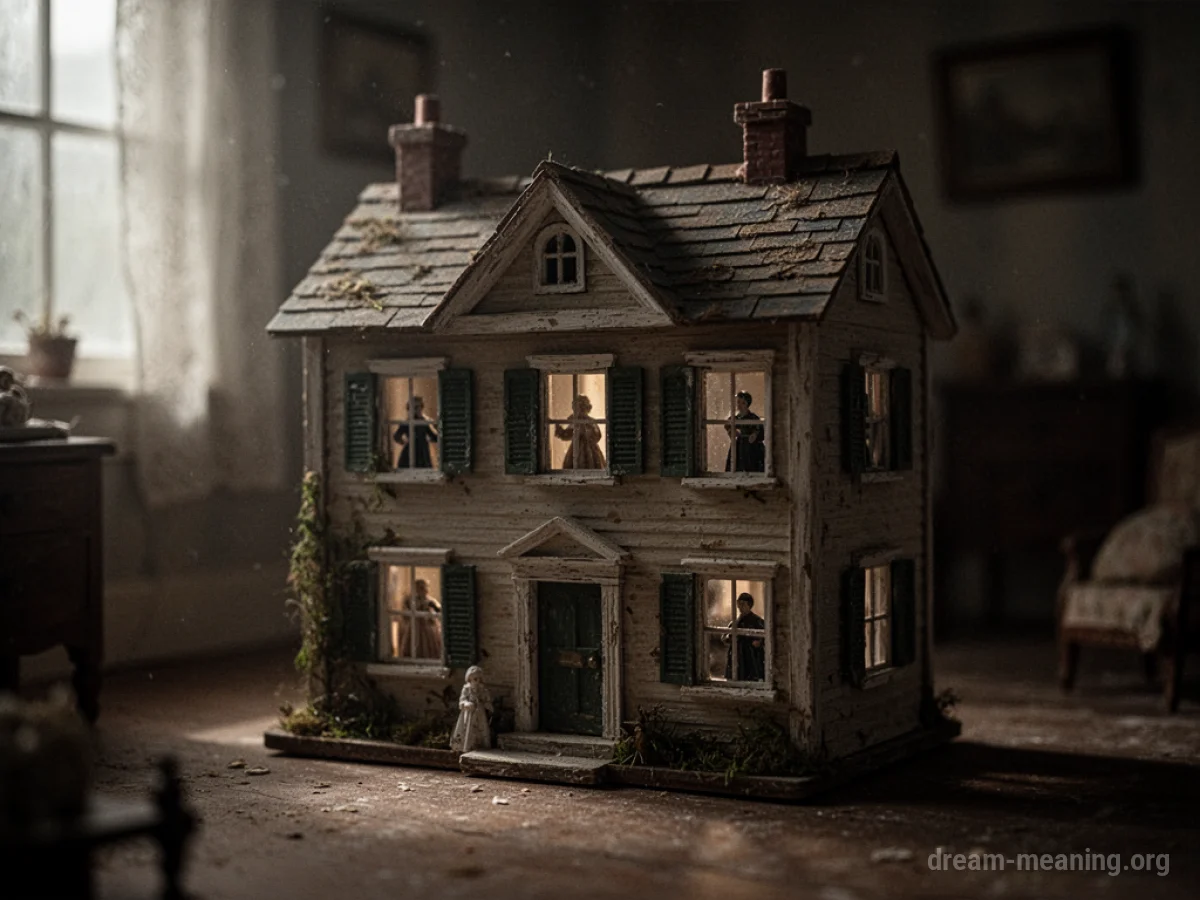 A dimly lit room containing a small, antique dollhouse with shadowy shapes visible inside.
