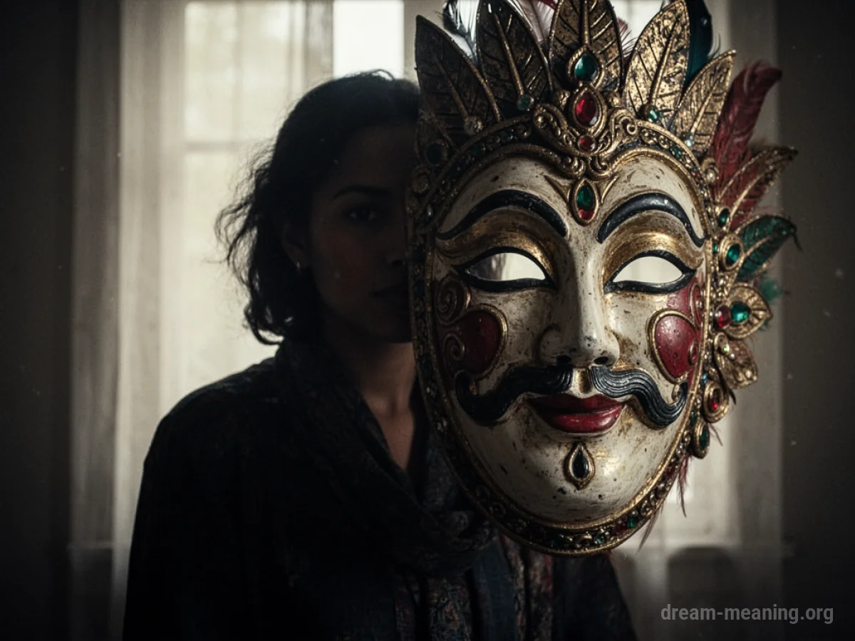 A person's silhouette partially hidden by a large mask.