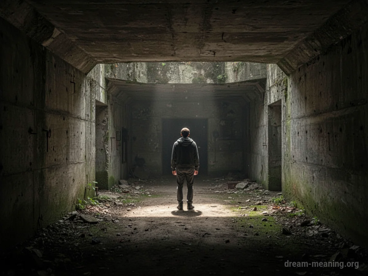 A person inside a concrete bunker.