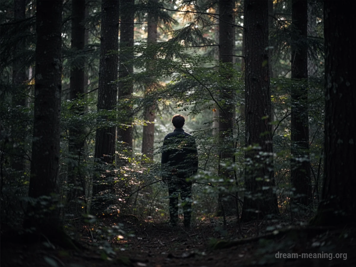 Silhouette of a person standing behind thick trees in a dark forest.