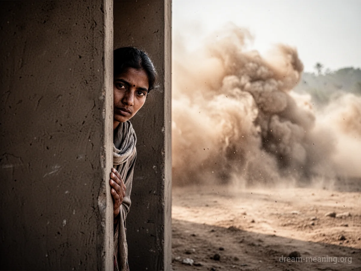 Silhouette of a person behind a wall looking towards a distant dust cloud.