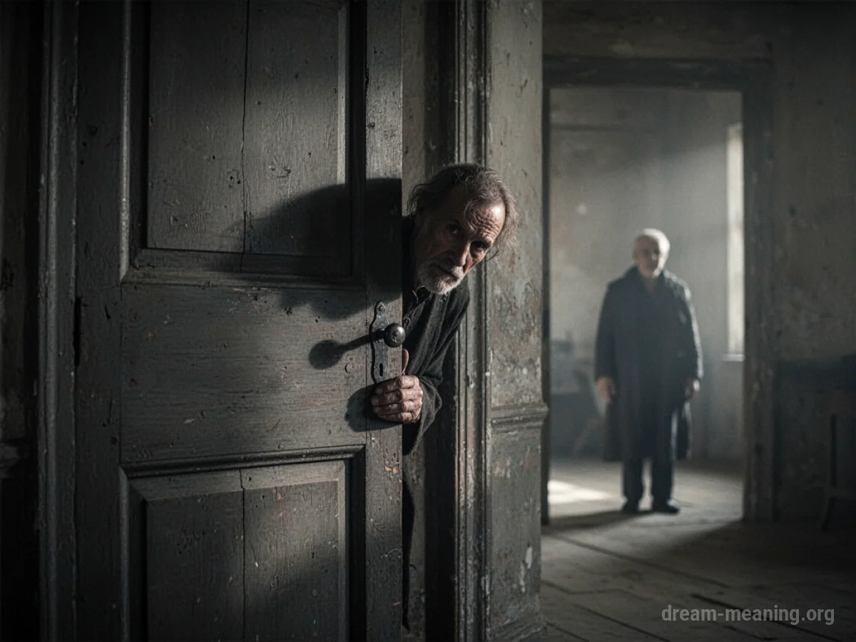 A silhouette of a person hiding behind a door, with another distant figure.