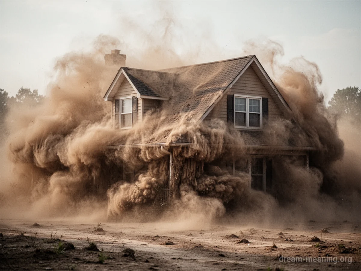 A house partially hidden by thick, swirling dust.
