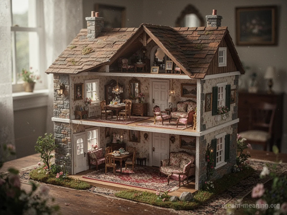 A large dollhouse with detailed interior visible.