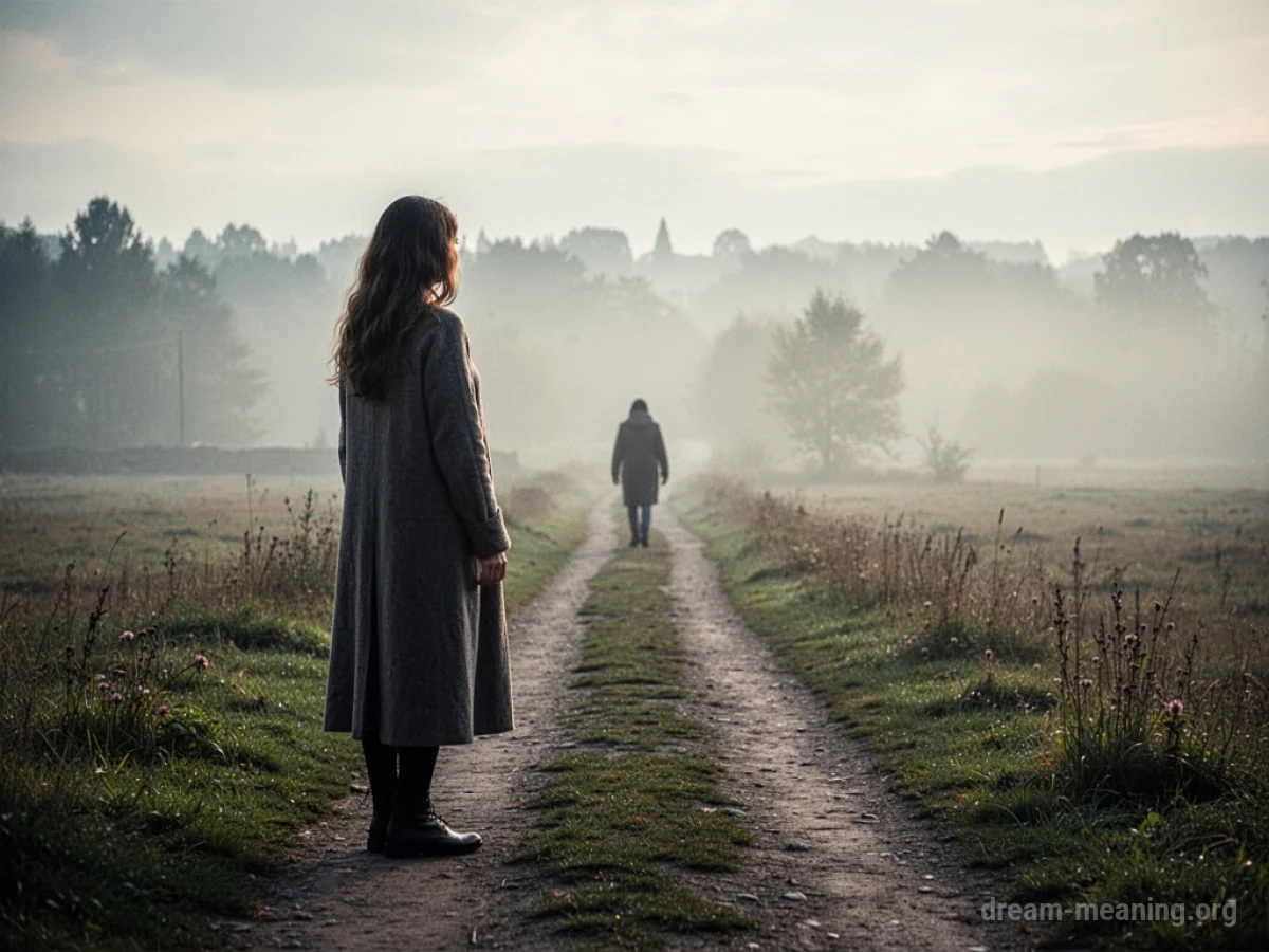 A lone woman watches a distant figure depart down a path.
