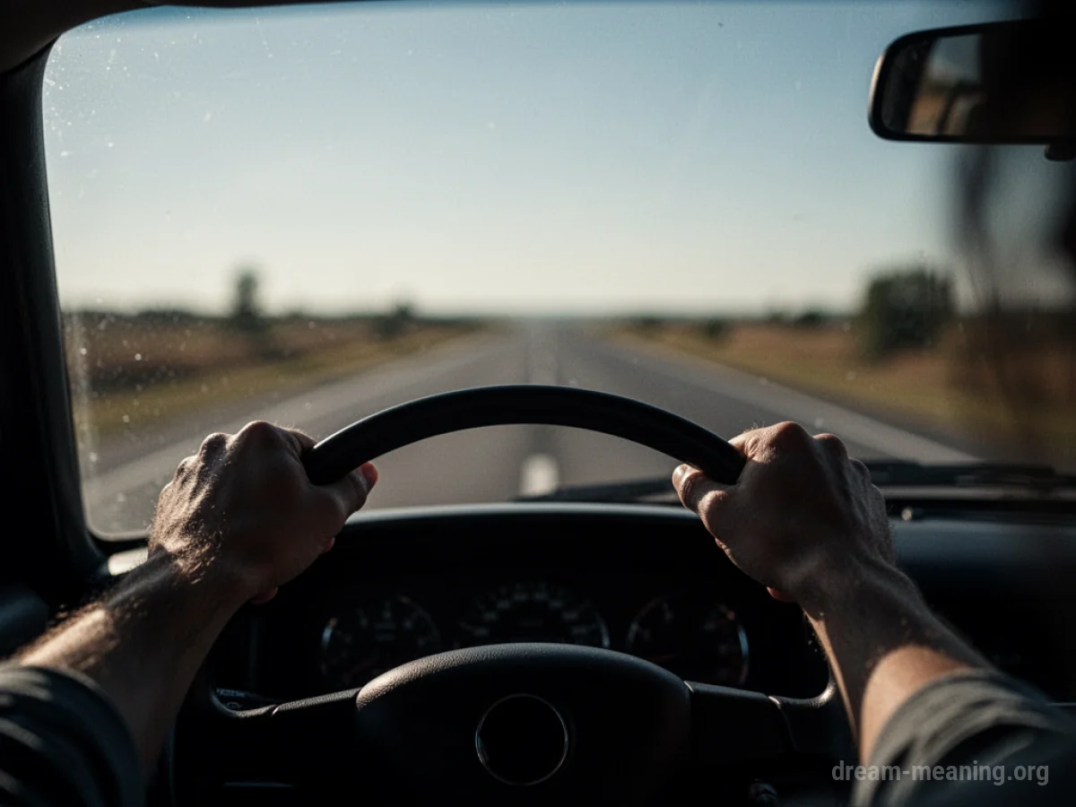 Hands gripping a steering wheel, looking down a road.