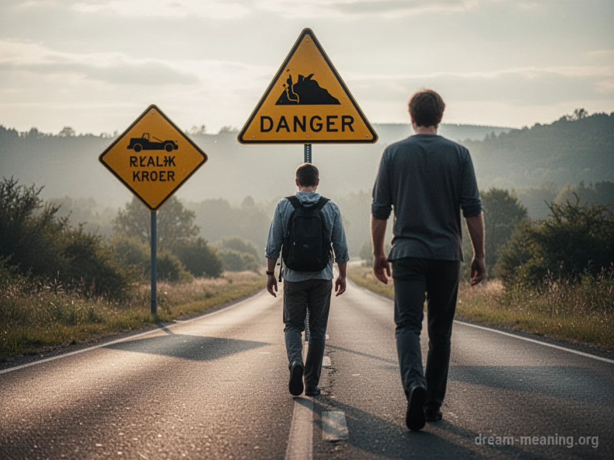 A figure walks away from a visible danger sign on a road.