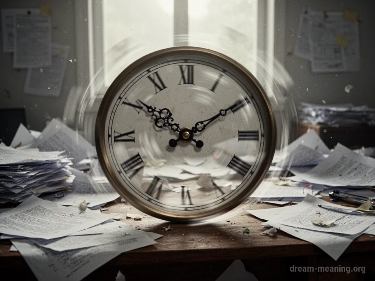 Clock hands spinning rapidly above a messy desk.