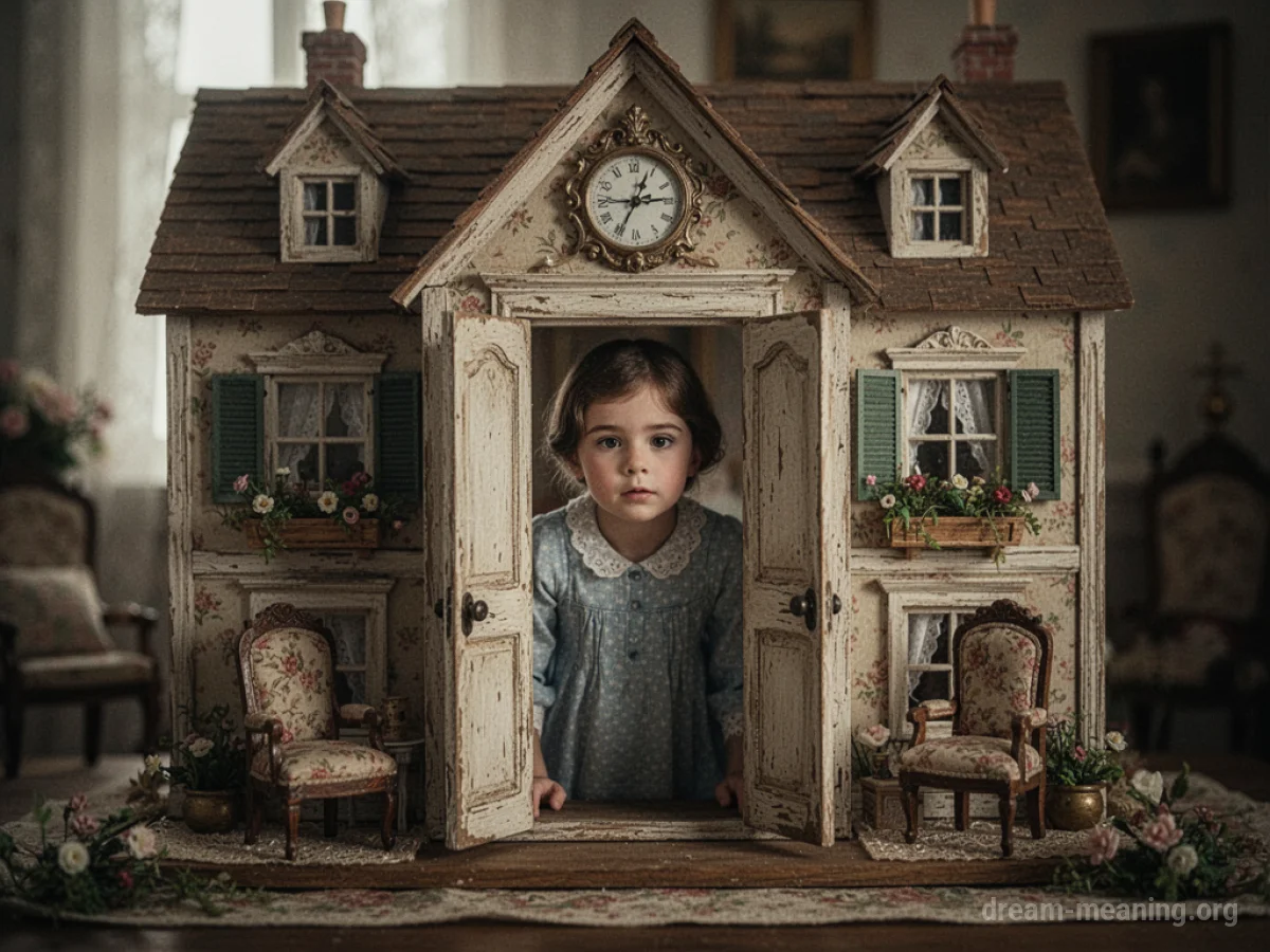 A person's head and shoulders seen through the open facade of a dollhouse.