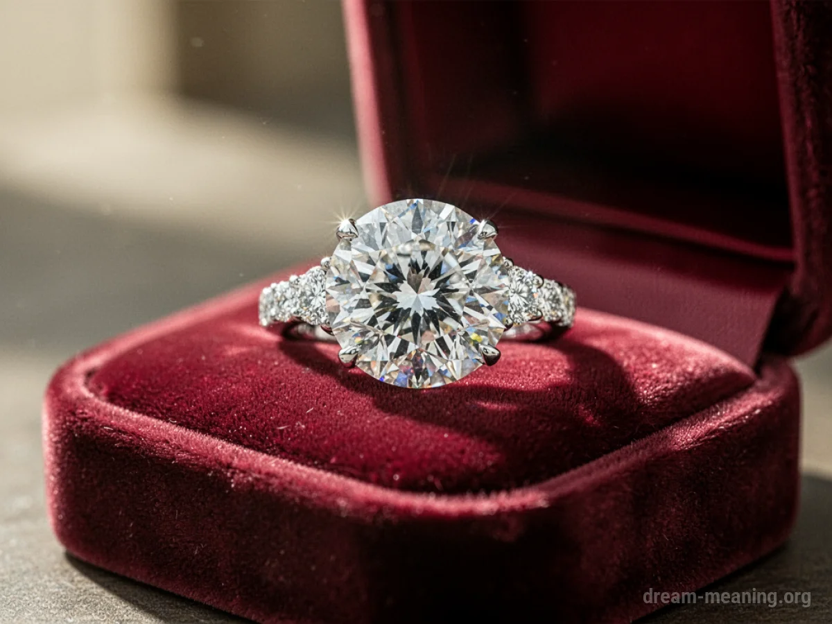 A large diamond ring on a velvet cushion.