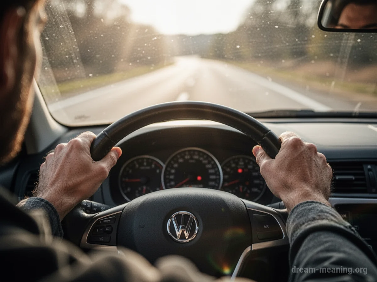 Hands on a steering wheel, looking out at a road.