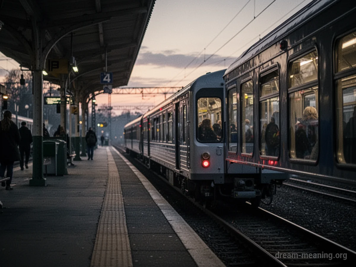 A train moving away from a station platform.
