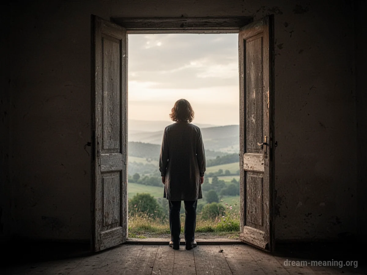A person stands in a doorway looking out at a landscape.