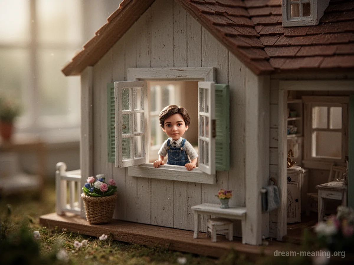 A tiny figure inside a dollhouse looking out a window.