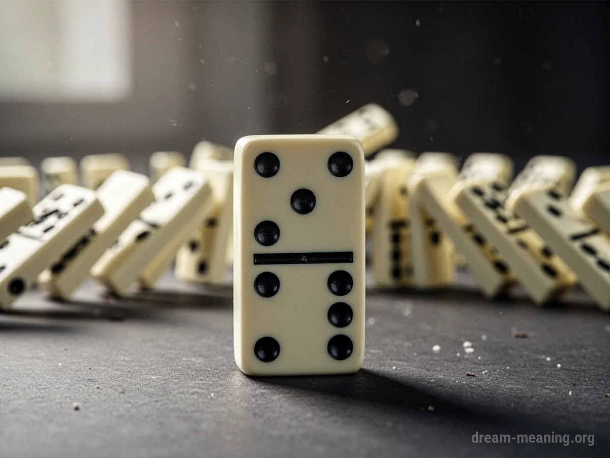 A lone domino stands while others fall in the background.