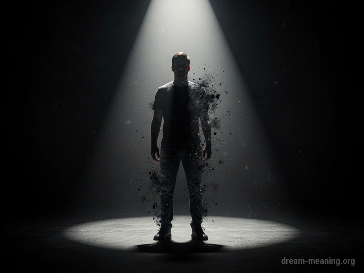 Silhouette of a person with dissolving edges in a spotlight.