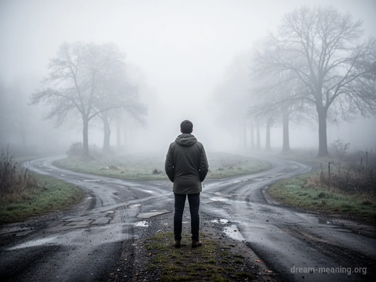 A person at a foggy crossroads with many paths.
