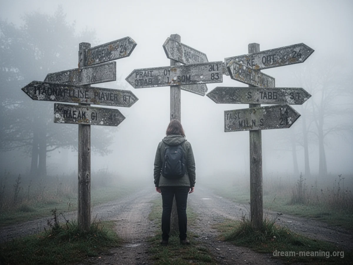 A person at a foggy crossroads with confusing directional signs.
