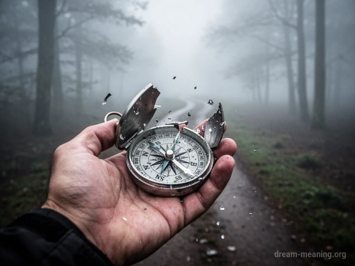A hand holding a broken compass with a foggy path in the background.