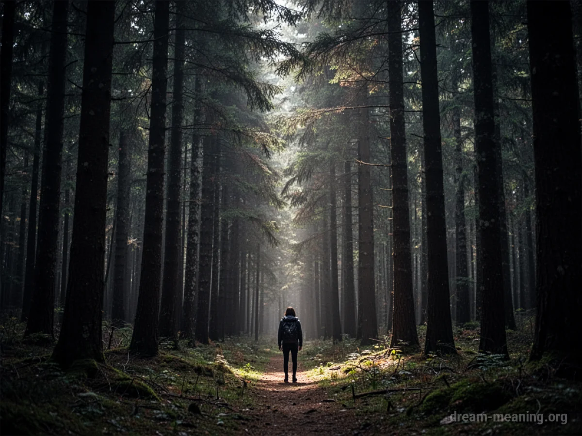 A silhouette of a person standing before a dense, dark forest.