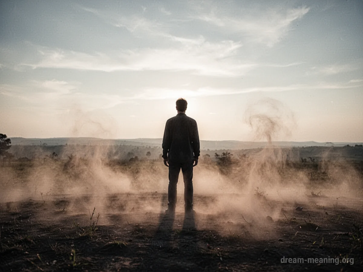 A person standing in a hazy, dust-filled environment with poor visibility.