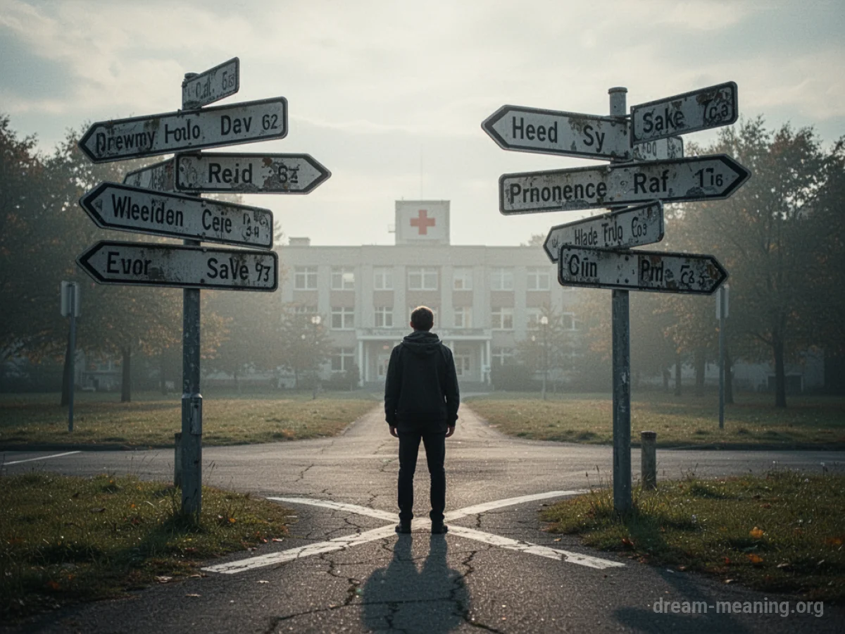 A person at a confusing intersection with multiple road signs pointing away from a distant building.