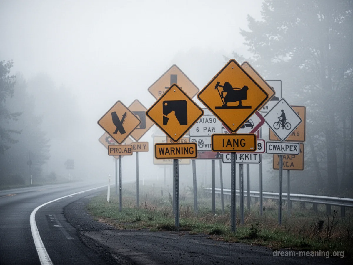 A collection of road warning signs in a hazy environment.