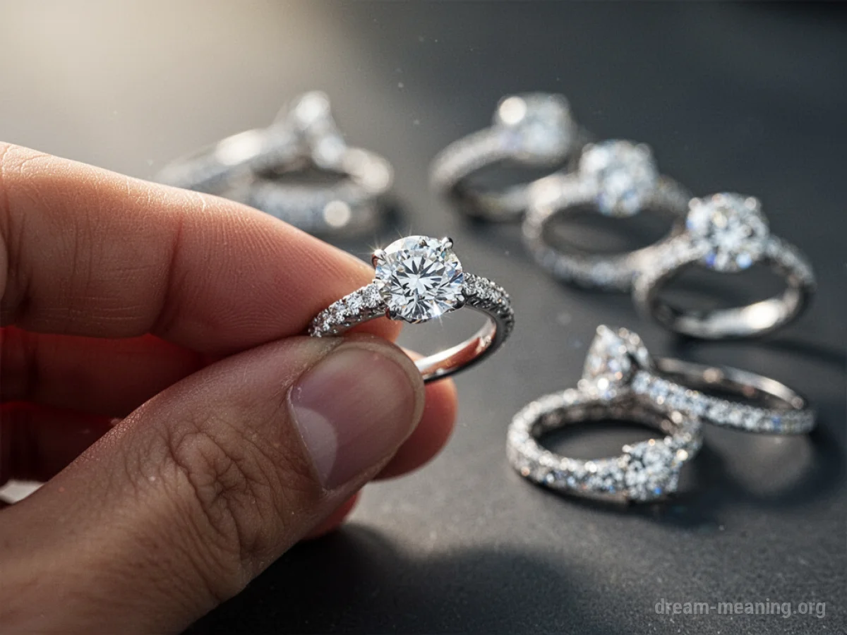 A hand holds one diamond ring while others are out of focus behind it.