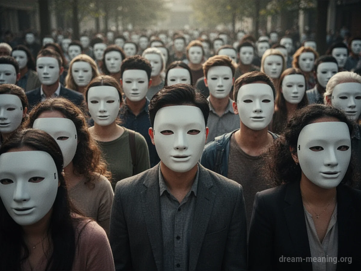 A group of anonymous figures with blank masks.