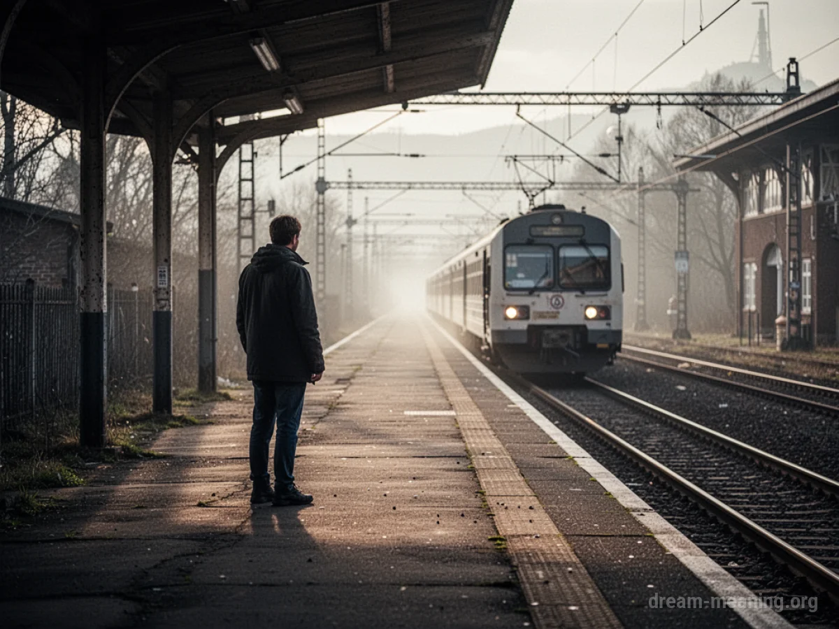 A single person stands on an empty train platform as a train departs.