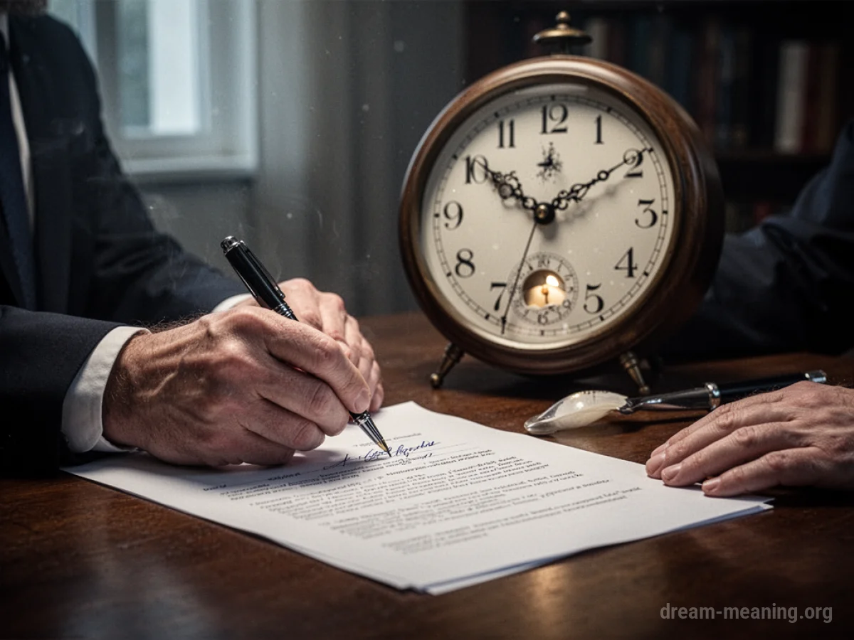 A hand signing a document near a clock showing midnight.