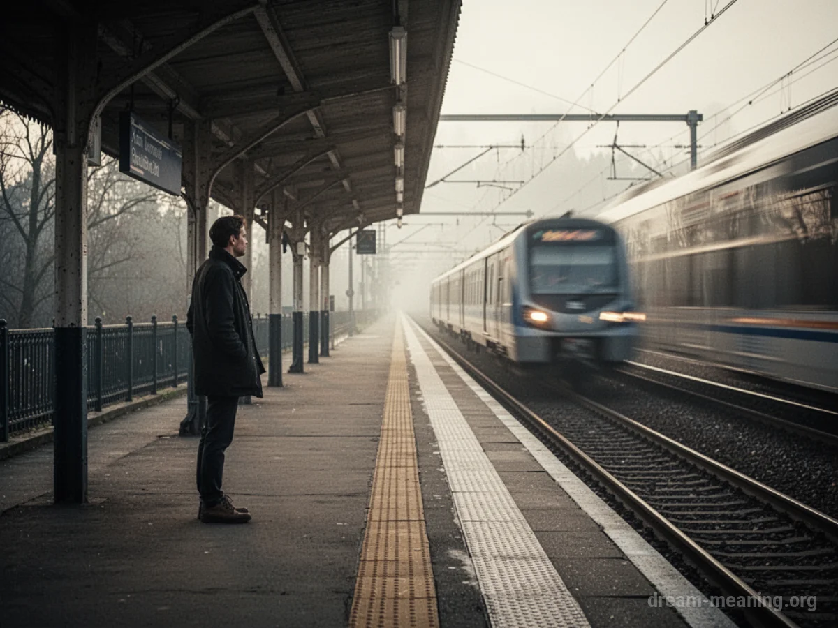 A person stands on a deserted train platform watching a distant train.