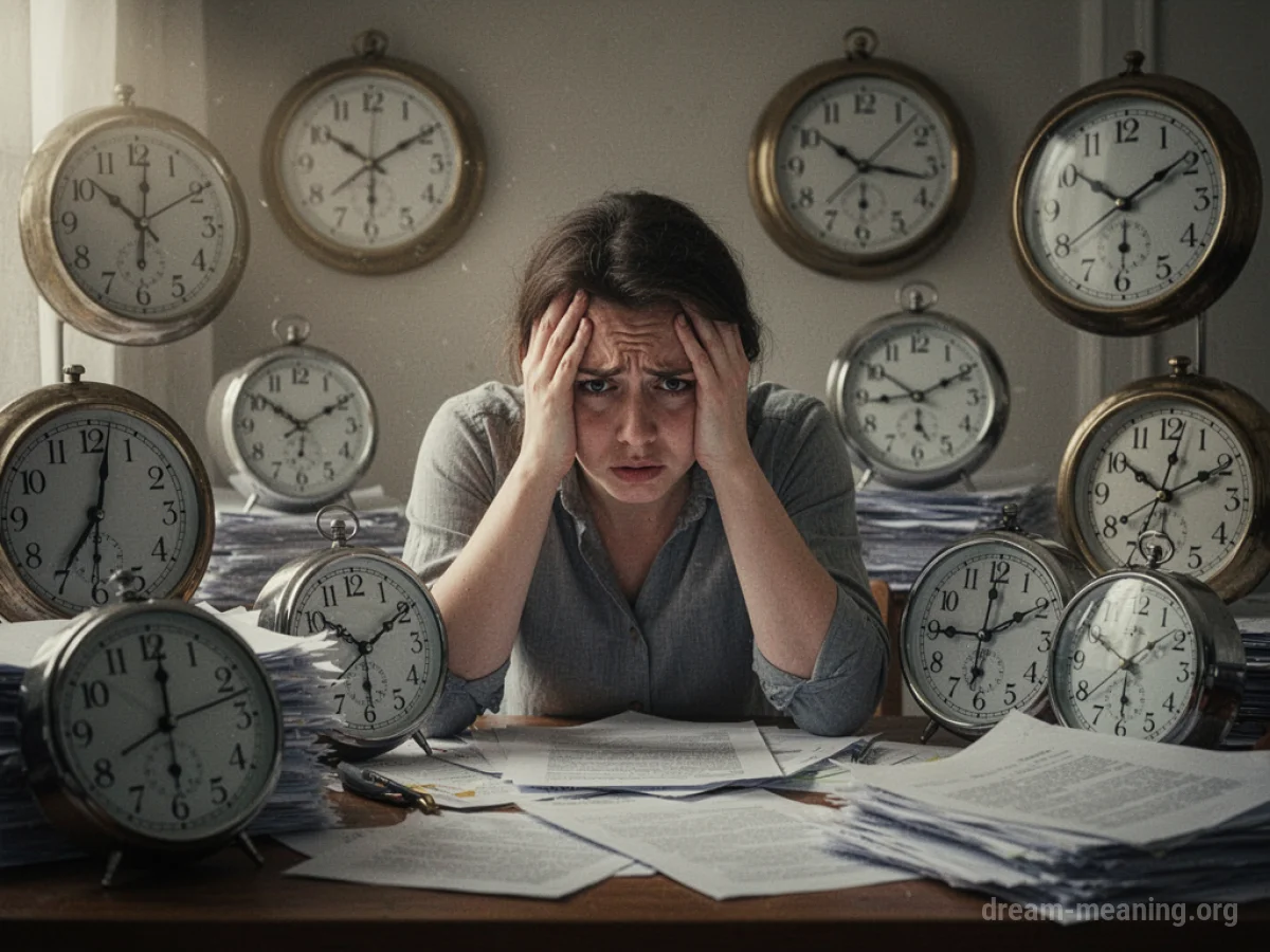 A person looking stressed with papers and clocks around them.