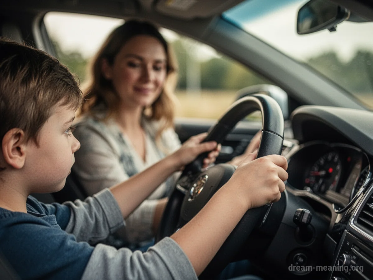 Child's hands on a steering wheel with a female figure in the driver's seat.