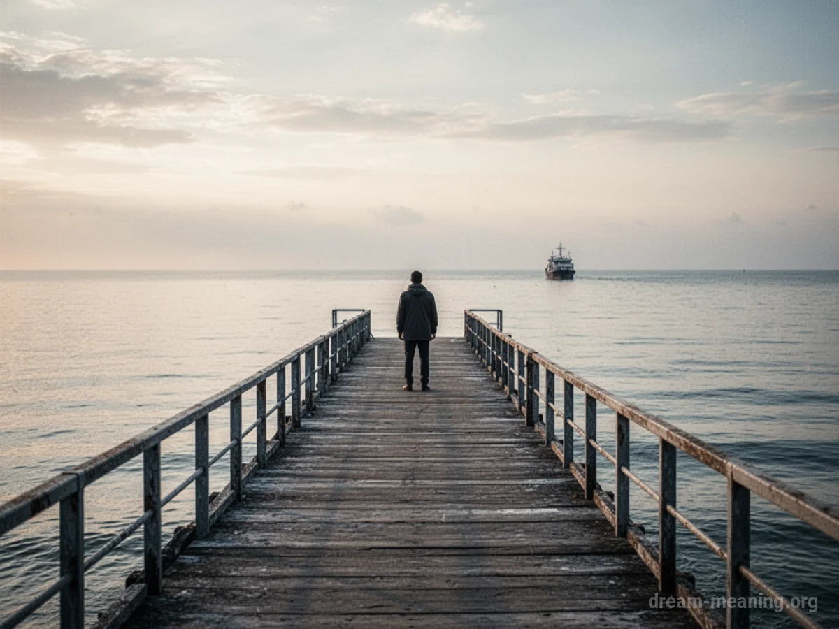 A person stands alone on a pier, watching a boat depart into the distance.
