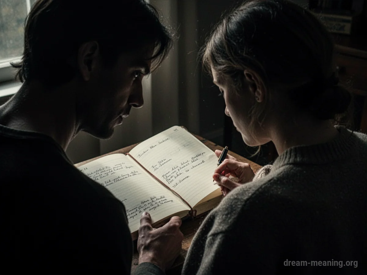 A silhouette of a person observing another person's diary from behind.