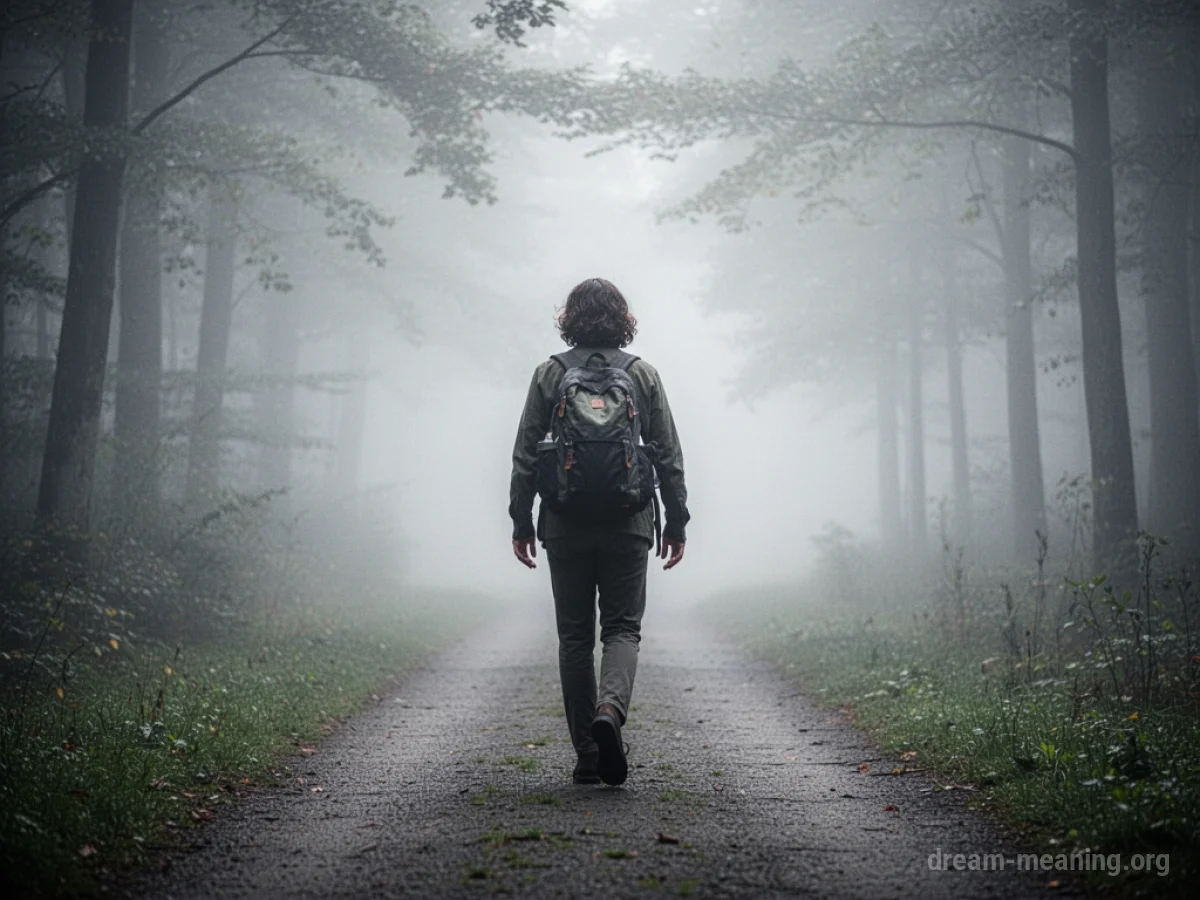 A person walking backwards on a path leading into mist.