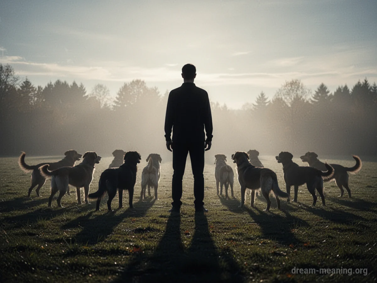 Silhouette of a person surrounded by dark dog shapes.