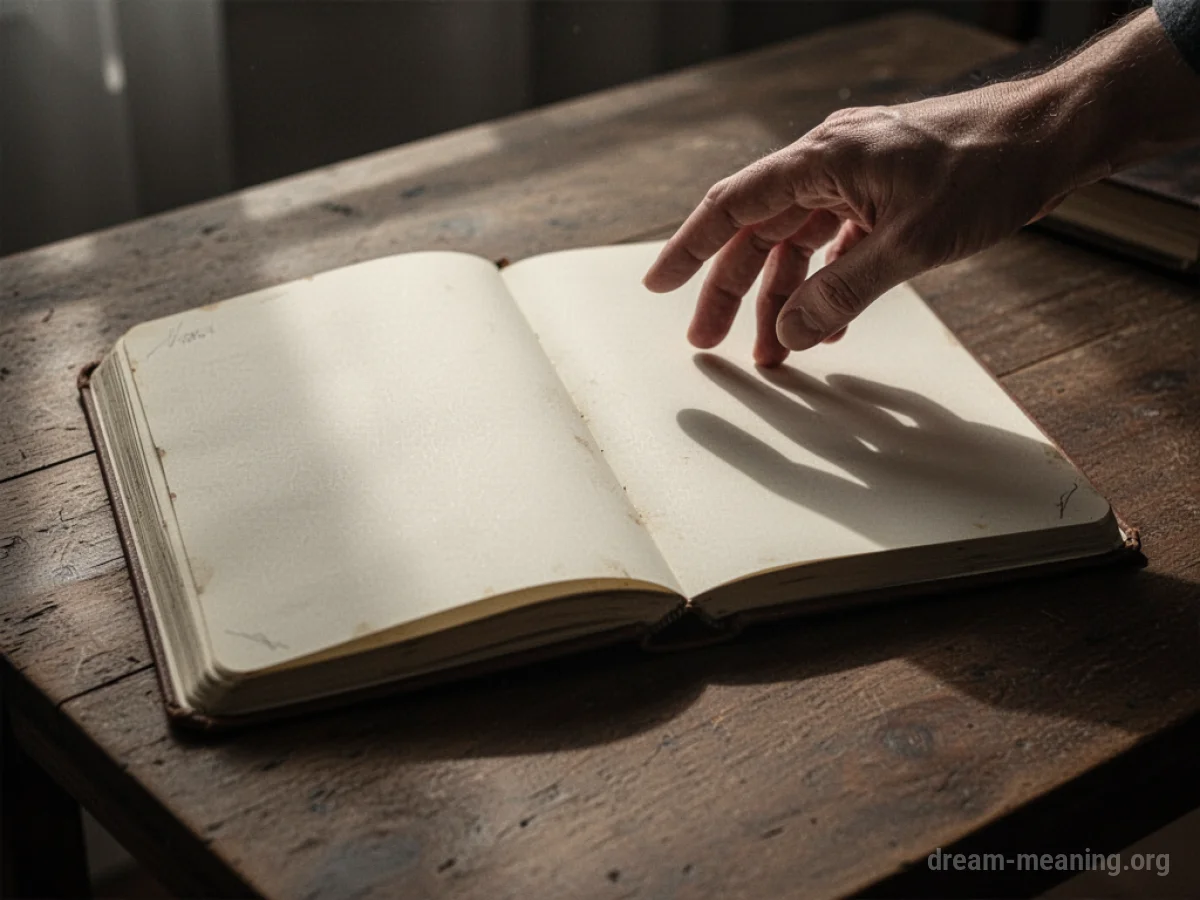 An open diary on a table with a shadowy hand reaching towards it.