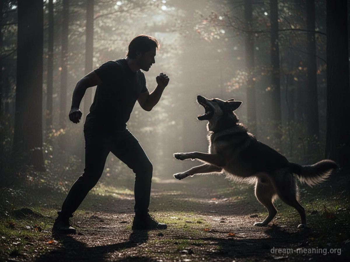 Silhouette of a person facing a barking dog.