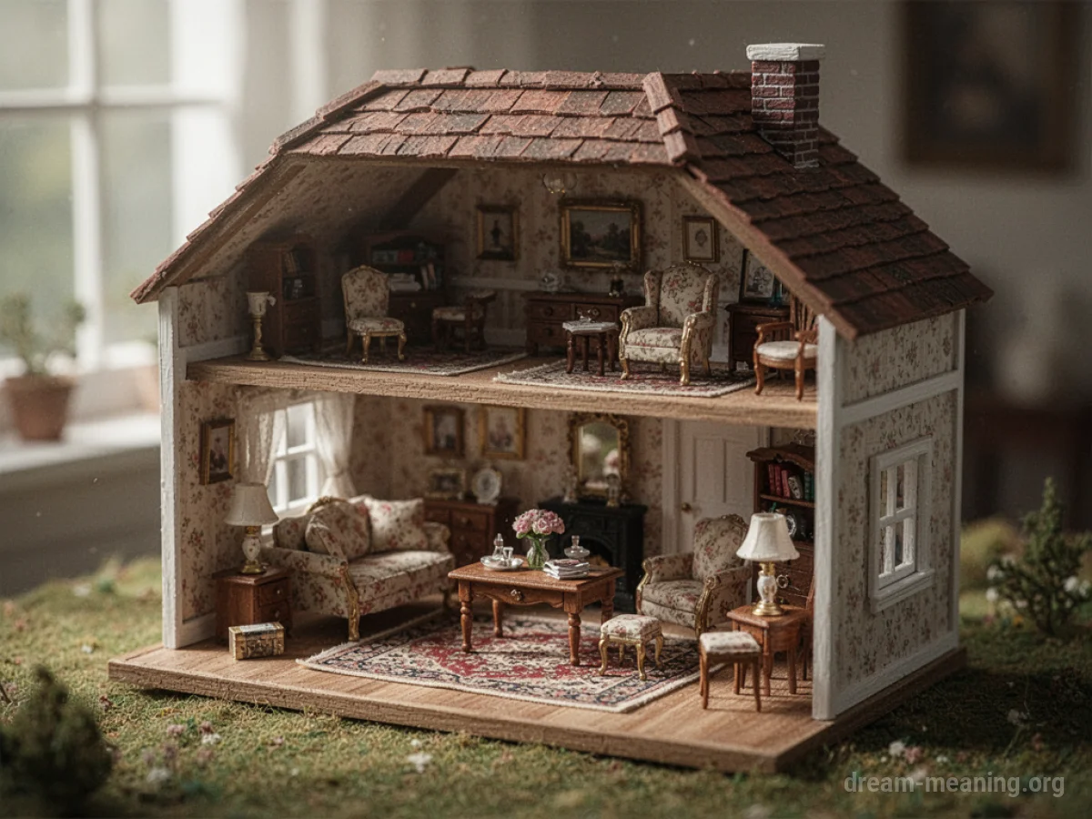 A detailed miniature dollhouse furnished with tiny objects.